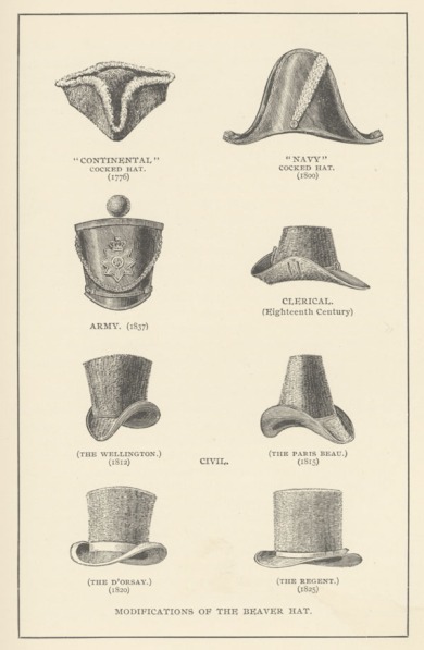 Eight different styles of beaver hats From Castorologia, Or, The History and Traditions of the Canadian Beaver An Exhaustive Monograph by Horace T. Martin, 1892