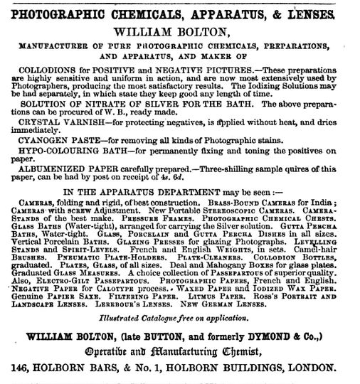 Advertisement in Thomas Sutton, A dictionary of photography (1858)