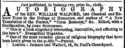 Advertisement for the autobiography in The Daily News of 17 April 1851