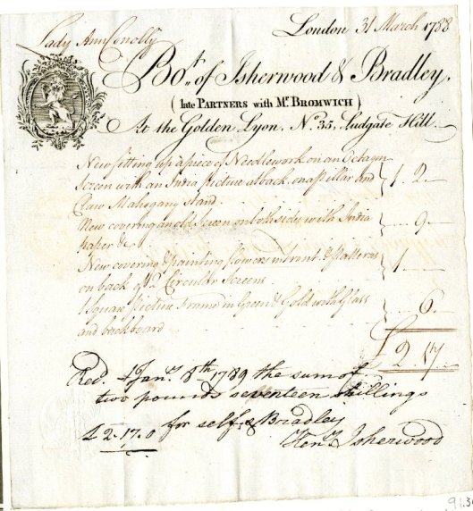 Invoice for Lady Ann Conolly from the Isherwood firm, 1788 (Source: British Museum)