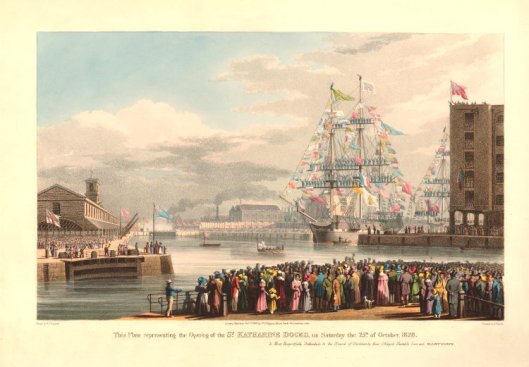 The Opening of the St. Katherine Docks, engraved by E. Duncan after W.J. Huggins. (© Trustees of the British Museum)