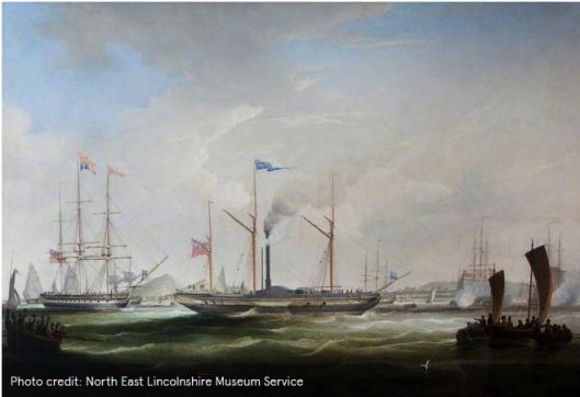 SS 'James Wyatt' Towing the Royal Yacht, 'Royal George' on the Visit of George IV to Edinburgh, August 1824 by William John Huggins (© Fishing Heritage Centre / North East Lincolnshire Museum Service)