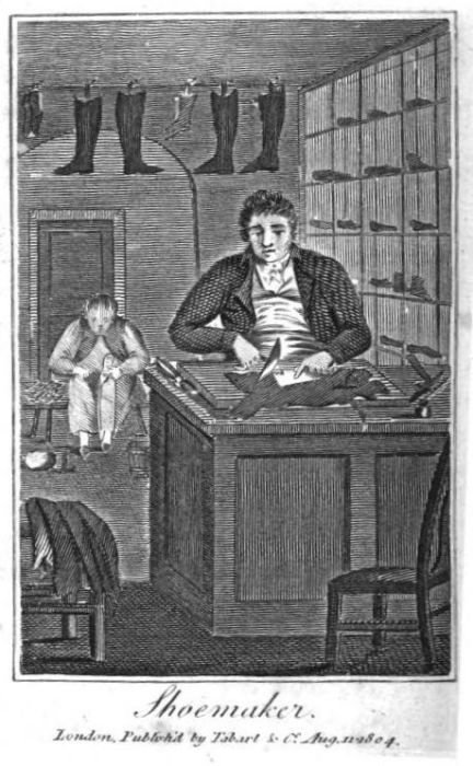shoemaker at work from Tabart's Book of Trades, vol. 2 (1806)